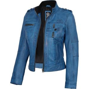 imageBlingsoul Real Leather Jacket For Women Womens Cafe Racer Style Leather JacketsTavares  Vivid Blue Wax Jacket