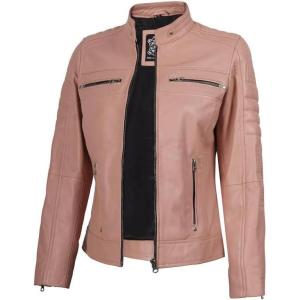imageBlingsoul Cafe Racer Leather Jacket Womens  Real Lambskin Leather Jackets for WomenCafe Racer  Pink Jacket
