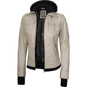 imageBlingsoul Leather Bomber Jacket Women  Real Lambskin Womens Leather Jackets with Detachable HoodBeige  Betty Jacket