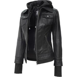 imageBlingsoul Leather Bomber Jacket Women  Real Lambskin Womens Leather Jackets with Detachable HoodBlack  Betty Jacket
