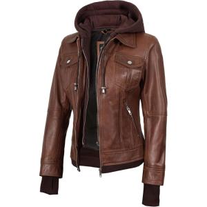 imageBlingsoul Leather Bomber Jacket Women  Real Lambskin Womens Leather Jackets with Detachable HoodCognac  Tralee Jacket