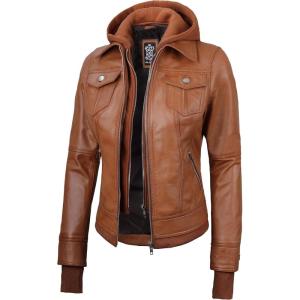 imageBlingsoul Leather Bomber Jacket Women  Real Lambskin Womens Leather Jackets with Detachable HoodTralee  Brown Jacket