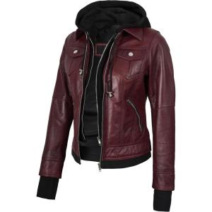 imageBlingsoul Leather Bomber Jacket Women  Real Lambskin Womens Leather Jackets with Detachable HoodTralee  Maroon Jacket