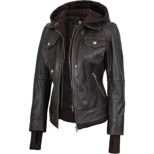 imageBlingsoul Leather Bomber Jacket Women  Real Lambskin Womens Leather Jackets with Detachable HoodTralee  Ruboff Brown Jacket