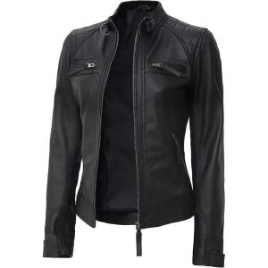 imageBlingsoul Leather Jacket Women  Quilted Cafe Racer Style Womens Leather JacketsDiamond1  Black Jacket