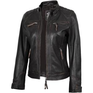 imageBlingsoul Leather Jacket Women  Quilted Cafe Racer Style Womens Leather JacketsDiamond1  Brown Jacket
