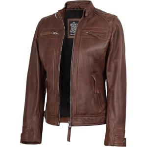 imageBlingsoul Leather Jacket Women  Quilted Cafe Racer Style Womens Leather JacketsDiamond1  Cognac Jacket