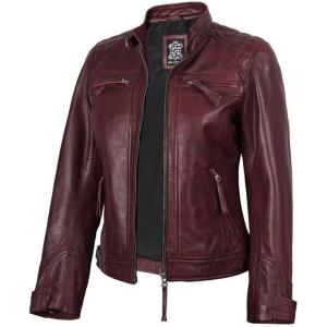 imageBlingsoul Leather Jacket Women  Quilted Cafe Racer Style Womens Leather JacketsDiamond1  Maroon Jacket