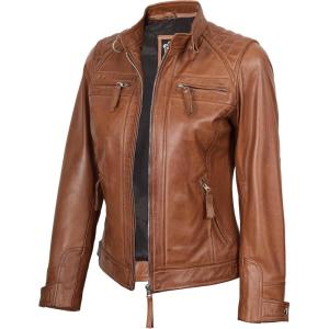 imageBlingsoul Leather Jacket Women  Quilted Cafe Racer Style Womens Leather JacketsDiamond1  Tan Jacket