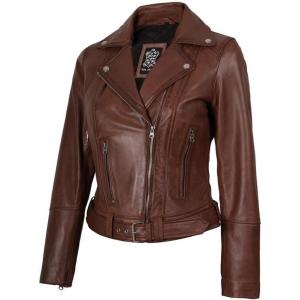 imageBlingsoul Leather Jacket Women  Real Lambskin Leather Asymmetrical Style Leather Jackets For WomensAld  Cognac Jacket
