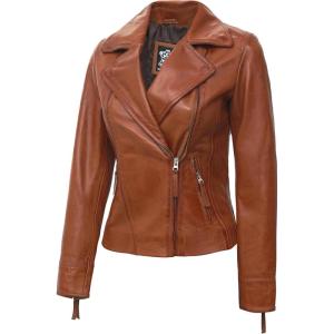 imageBlingsoul Leather Jacket Women  Real Lambskin Leather Asymmetrical Style Leather Jackets For WomensRamsey  Tan Leather Jacket