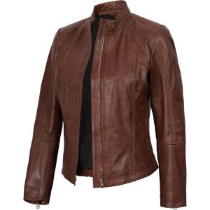 imageBlingsoul Real Leather Jacket For Women Womens Stand Collar Style Leather JacketsAcerra  Cognac Jacket