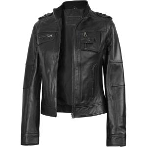 imageBlingsoul Real Leather Jacket For Women Womens Stand Collar Style Leather JacketsTavares  Black Jacket