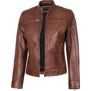 imageBlingsoul Real Leather Jacket Women  Cafe Racer Style Womens Leather JacketsDodge  Cognac Jacket