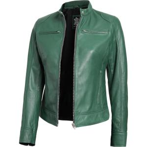 imageBlingsoul Real Leather Jacket Women  Cafe Racer Style Womens Leather JacketsDodge  Green Jacket