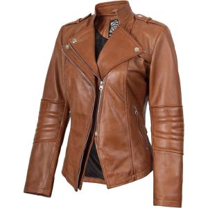 imageBlingsoul Womens Real Leather Jacket  Asymmetrical Leather Jackets for WomenMonica  Tan Jacket