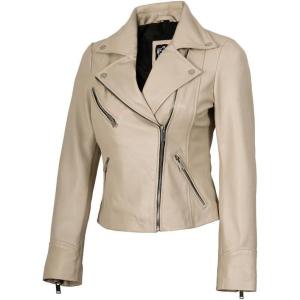 imageBlingsoul Womens Real Leather Jacket  Asymmetrical Leather Jackets for WomenNinfa  Beige Jacket