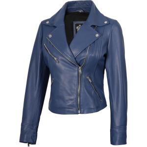 imageBlingsoul Womens Real Leather Jacket  Asymmetrical Leather Jackets for WomenNinfa  Blue Jacket
