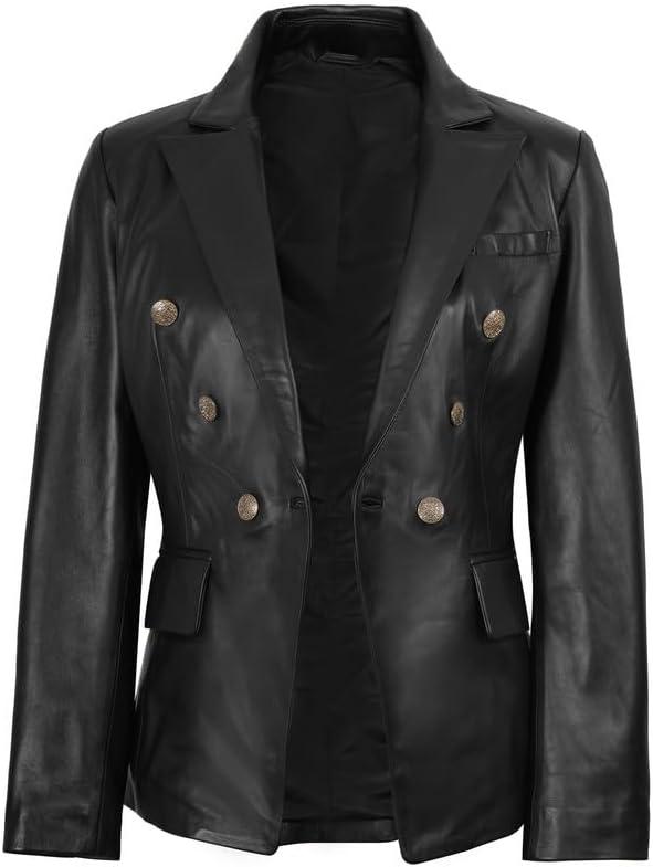 imageBlingsoul Leather Blazer Jacket Women  Double Breasted Leather Coats For WomenKinley  Black Blazer Jacket