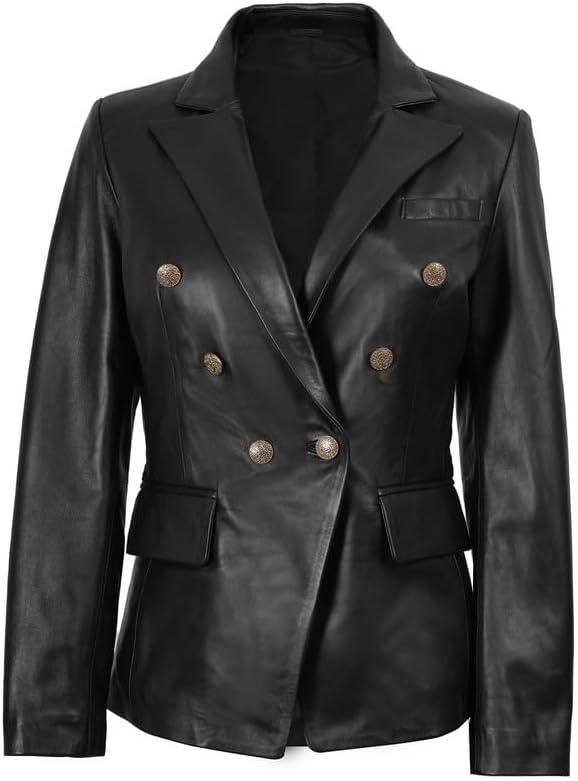 imageBlingsoul Leather Blazer Jacket Women  Double Breasted Leather Coats For WomenKinley  Black Blazer Jacket