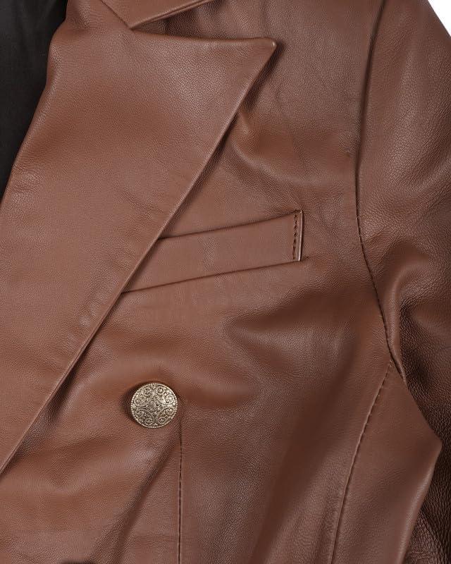 imageBlingsoul Leather Blazer Jacket Women  Double Breasted Leather Coats For WomenKinley  Cognac Blazer Jacket