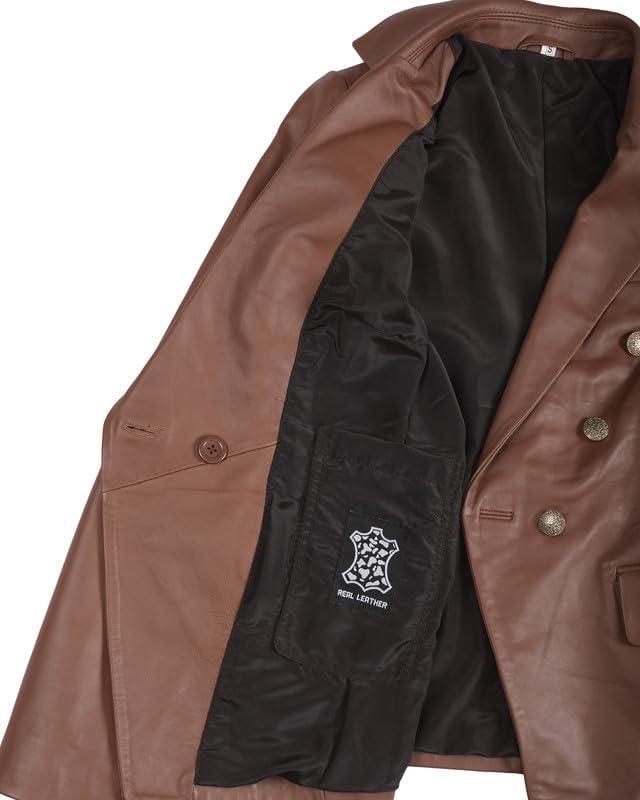 imageBlingsoul Leather Blazer Jacket Women  Double Breasted Leather Coats For WomenKinley  Cognac Blazer Jacket