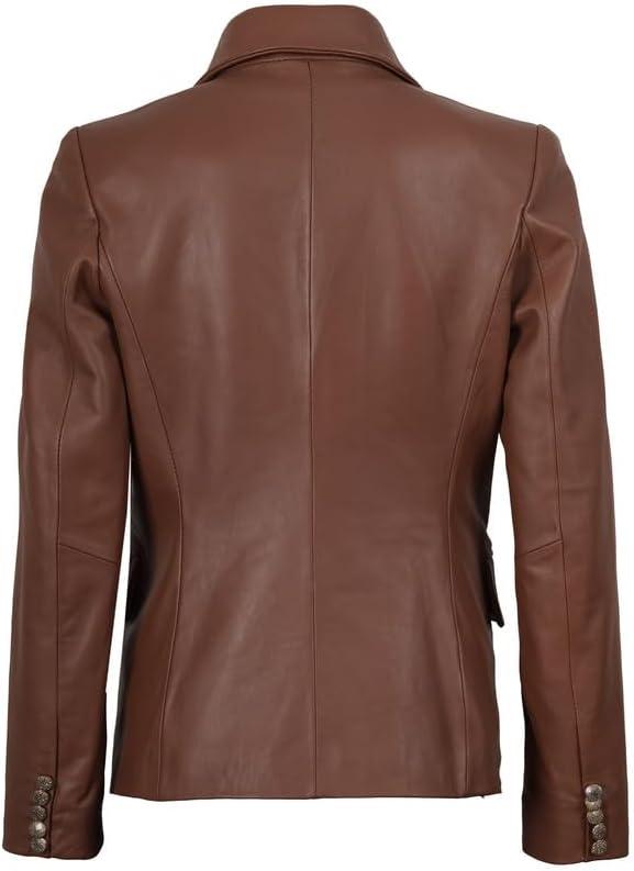 imageBlingsoul Leather Blazer Jacket Women  Double Breasted Leather Coats For WomenKinley  Cognac Blazer Jacket