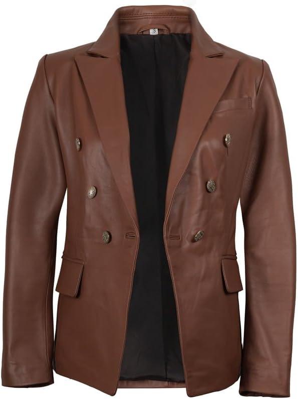 imageBlingsoul Leather Blazer Jacket Women  Double Breasted Leather Coats For WomenKinley  Cognac Blazer Jacket