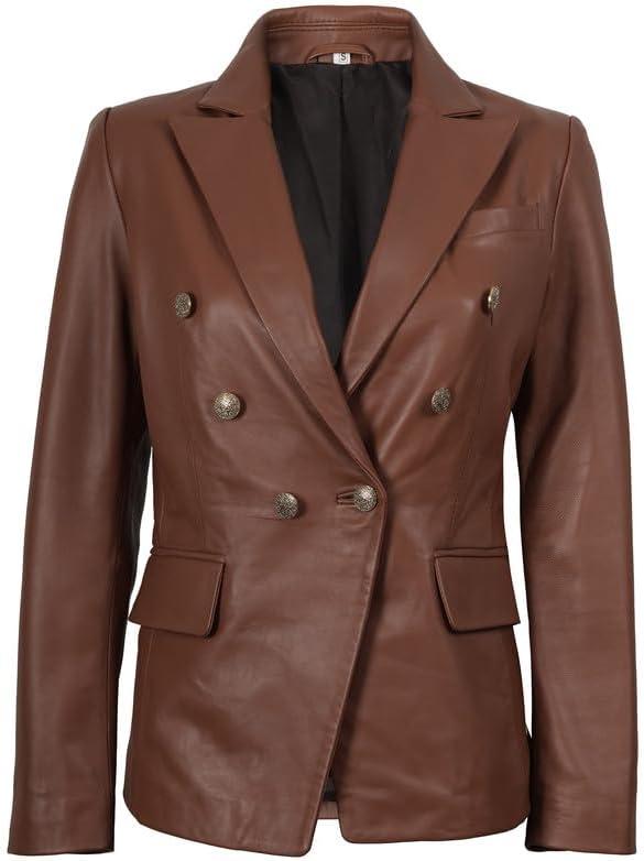 imageBlingsoul Leather Blazer Jacket Women  Double Breasted Leather Coats For WomenKinley  Cognac Blazer Jacket