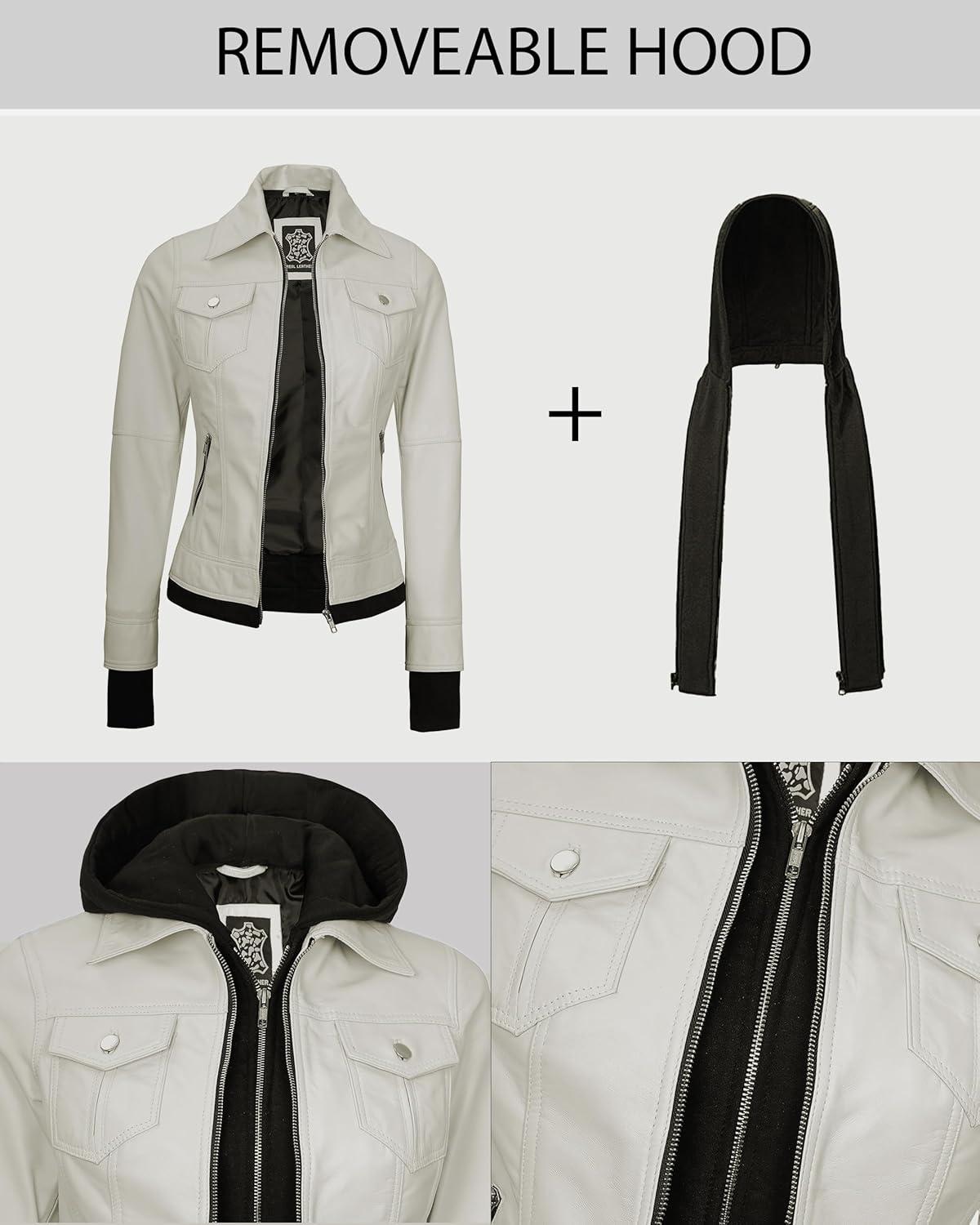 imageBlingsoul Leather Bomber Jacket Women  Real Lambskin Womens Leather Jackets with Detachable HoodOff White  Betty Jacket