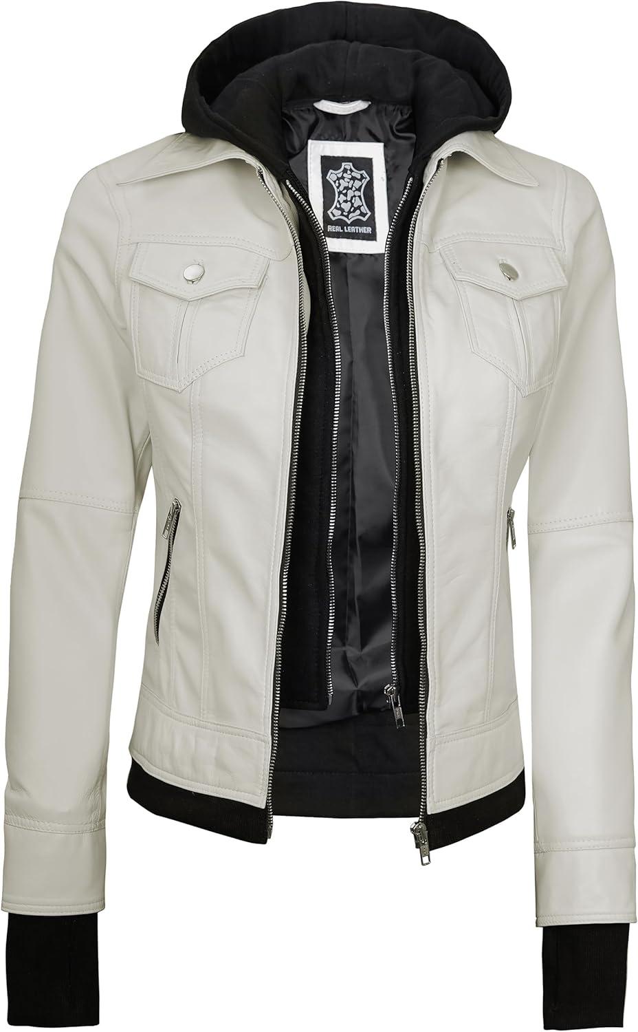 imageBlingsoul Leather Bomber Jacket Women  Real Lambskin Womens Leather Jackets with Detachable HoodOff White  Betty Jacket