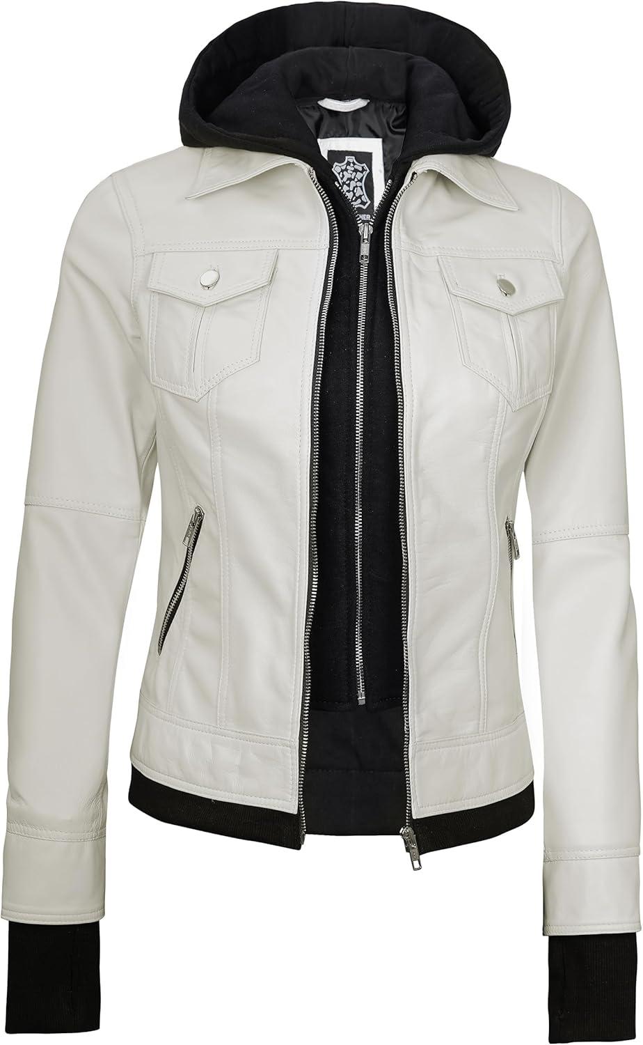 imageBlingsoul Leather Bomber Jacket Women  Real Lambskin Womens Leather Jackets with Detachable HoodOff White  Betty Jacket