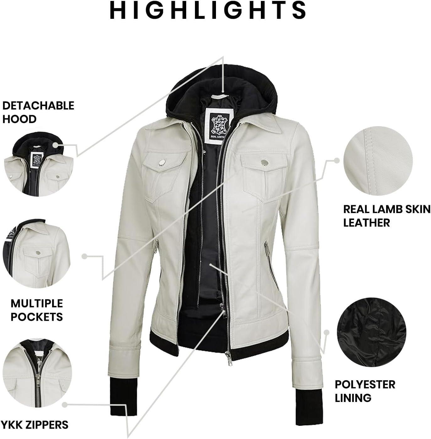 imageBlingsoul Leather Bomber Jacket Women  Real Lambskin Womens Leather Jackets with Detachable HoodOff White  Betty Jacket