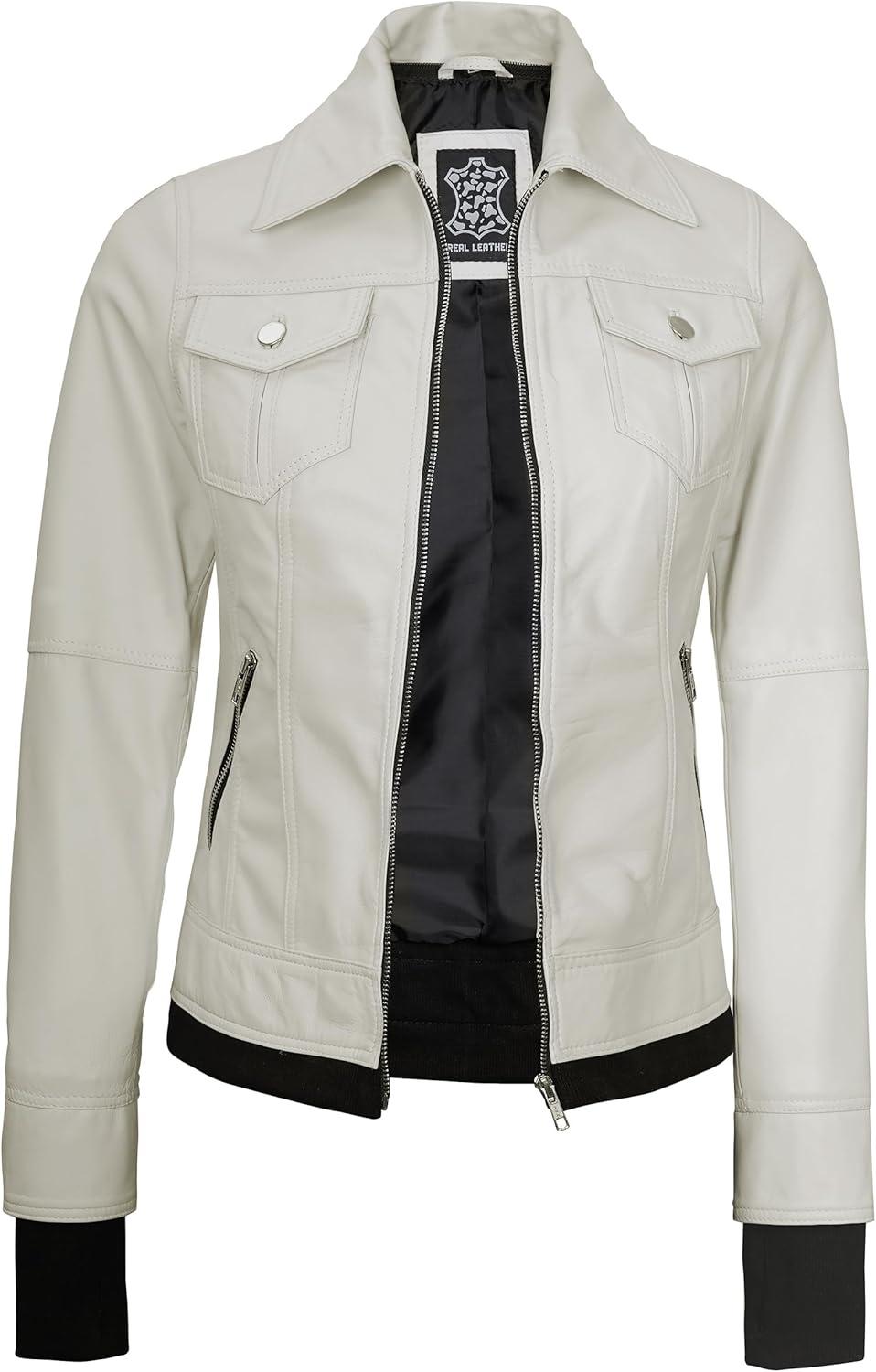 imageBlingsoul Leather Bomber Jacket Women  Real Lambskin Womens Leather Jackets with Detachable HoodOff White  Betty Jacket