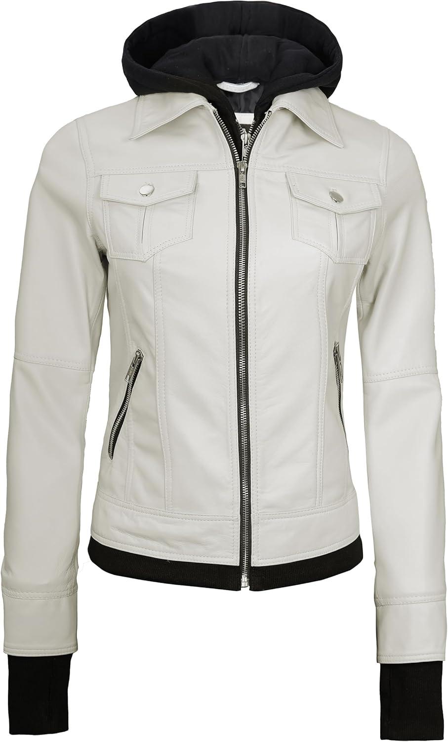 imageBlingsoul Leather Bomber Jacket Women  Real Lambskin Womens Leather Jackets with Detachable HoodOff White  Betty Jacket