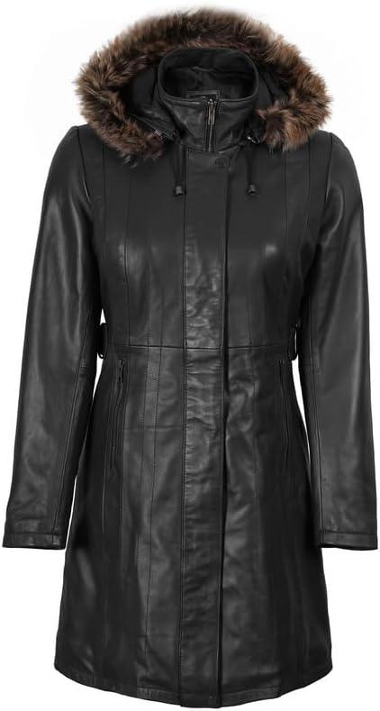 imageBlingsoul Leather Coats For Women  Real Lambskin Long Leather Jacket WomensBlack  Jean Hooded Coat