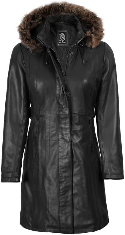 imageBlingsoul Leather Coats For Women  Real Lambskin Long Leather Jacket WomensBlack  Jean Hooded Coat