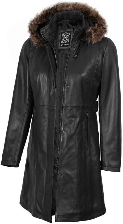 imageBlingsoul Leather Coats For Women  Real Lambskin Long Leather Jacket WomensBlack  Jean Hooded Coat