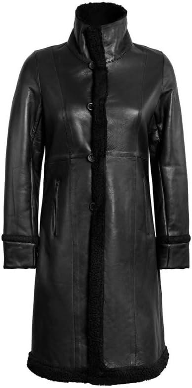 imageBlingsoul Leather Coats For Women  Real Lambskin Long Leather Jacket WomensBlack  Maura Shearling Coat