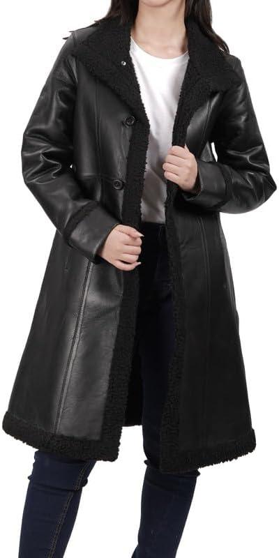 imageBlingsoul Leather Coats For Women  Real Lambskin Long Leather Jacket WomensBlack  Maura Shearling Coat