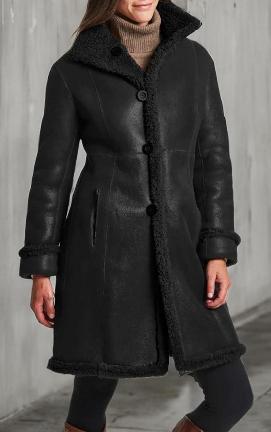 imageBlingsoul Leather Coats For Women  Real Lambskin Long Leather Jacket WomensBlack  Maura Shearling Coat