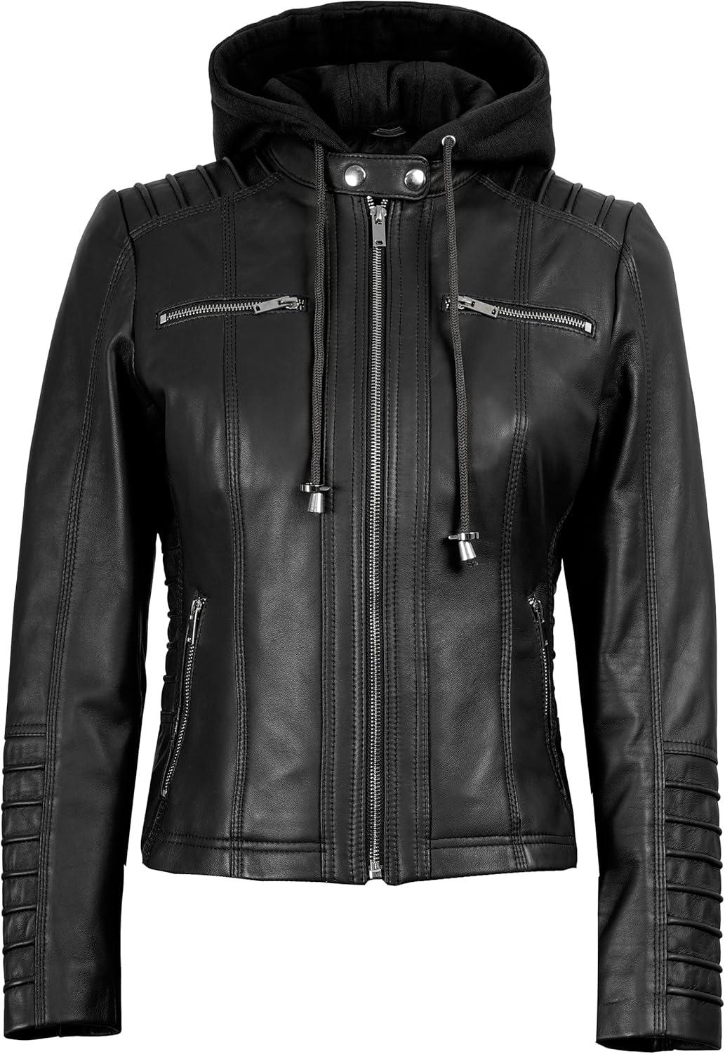 imageBlingsoul Leather Jacket Women  Real Lambskin Womens Leather Jackets with Detachable HoodBlack  Helen Jacket