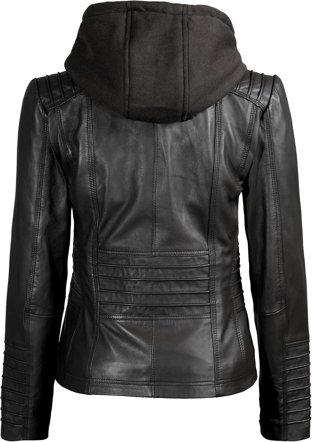 imageBlingsoul Leather Jacket Women  Real Lambskin Womens Leather Jackets with Detachable HoodBlack  Helen Jacket