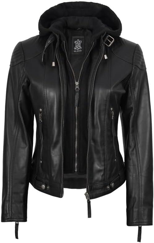 imageBlingsoul Leather Jacket Women  Real Lambskin Womens Leather Jackets with Detachable HoodBlack  Tonja Jacket