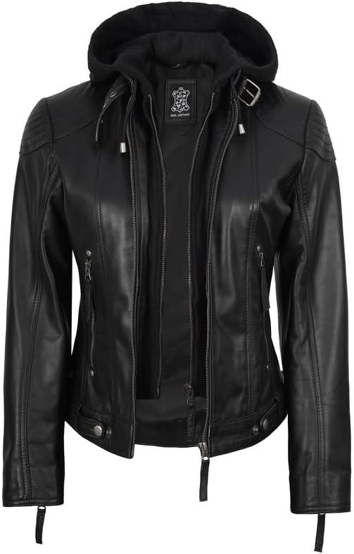 imageBlingsoul Leather Jacket Women  Real Lambskin Womens Leather Jackets with Detachable HoodBlack  Tonja Jacket