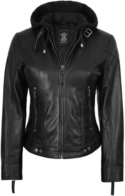 imageBlingsoul Leather Jacket Women  Real Lambskin Womens Leather Jackets with Detachable HoodBlack  Tonja Jacket