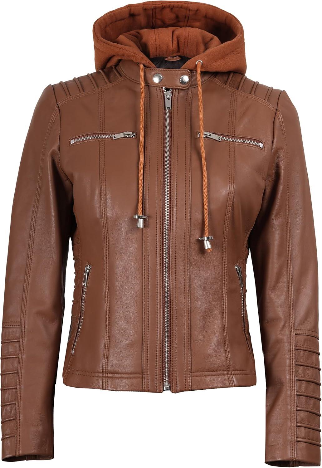 imageBlingsoul Leather Jacket Women  Real Lambskin Womens Leather Jackets with Detachable HoodBrown  Helen Jacket
