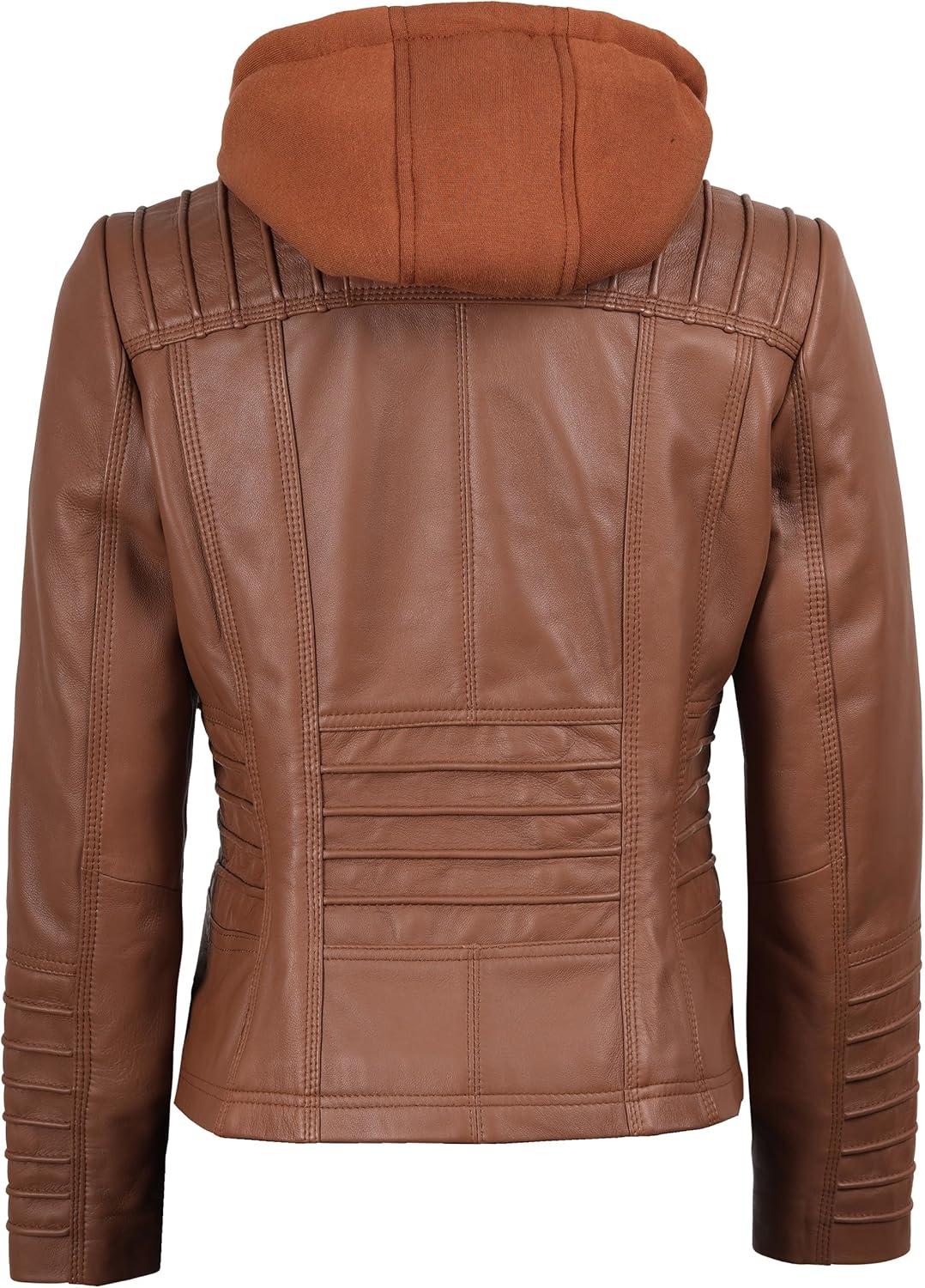 imageBlingsoul Leather Jacket Women  Real Lambskin Womens Leather Jackets with Detachable HoodBrown  Helen Jacket