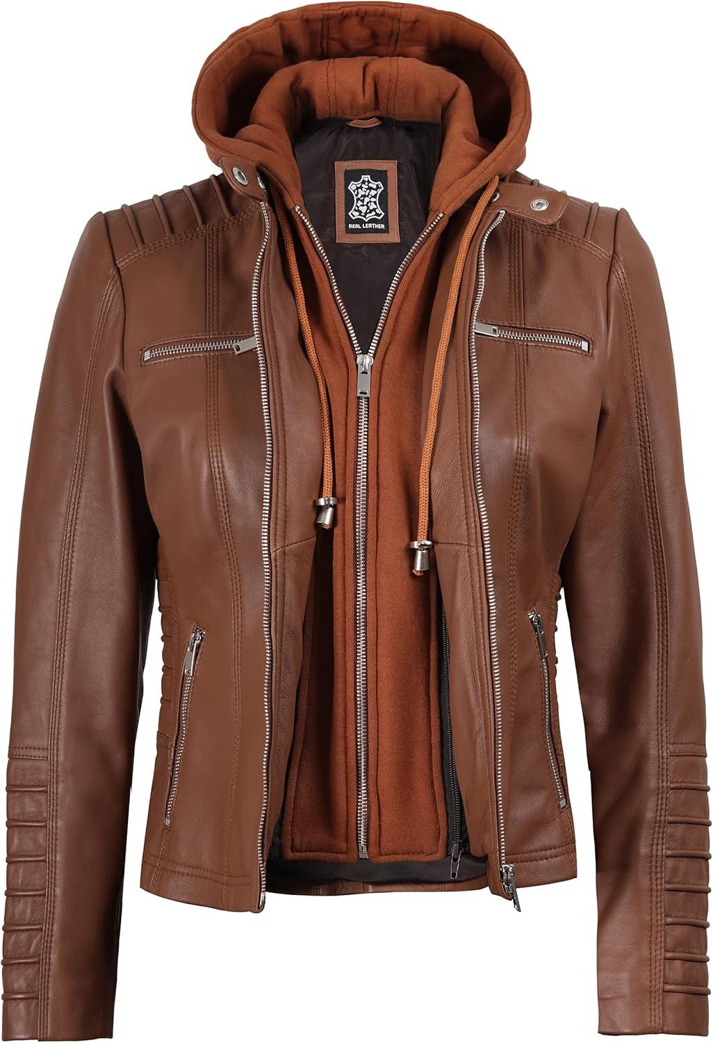 imageBlingsoul Leather Jacket Women  Real Lambskin Womens Leather Jackets with Detachable HoodBrown  Helen Jacket