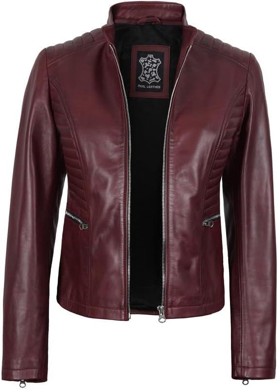 imageBlingsoul Real Leather Jacket Women  Cafe Racer Style Womens Leather JacketsN185  Maroon Wax Jacket